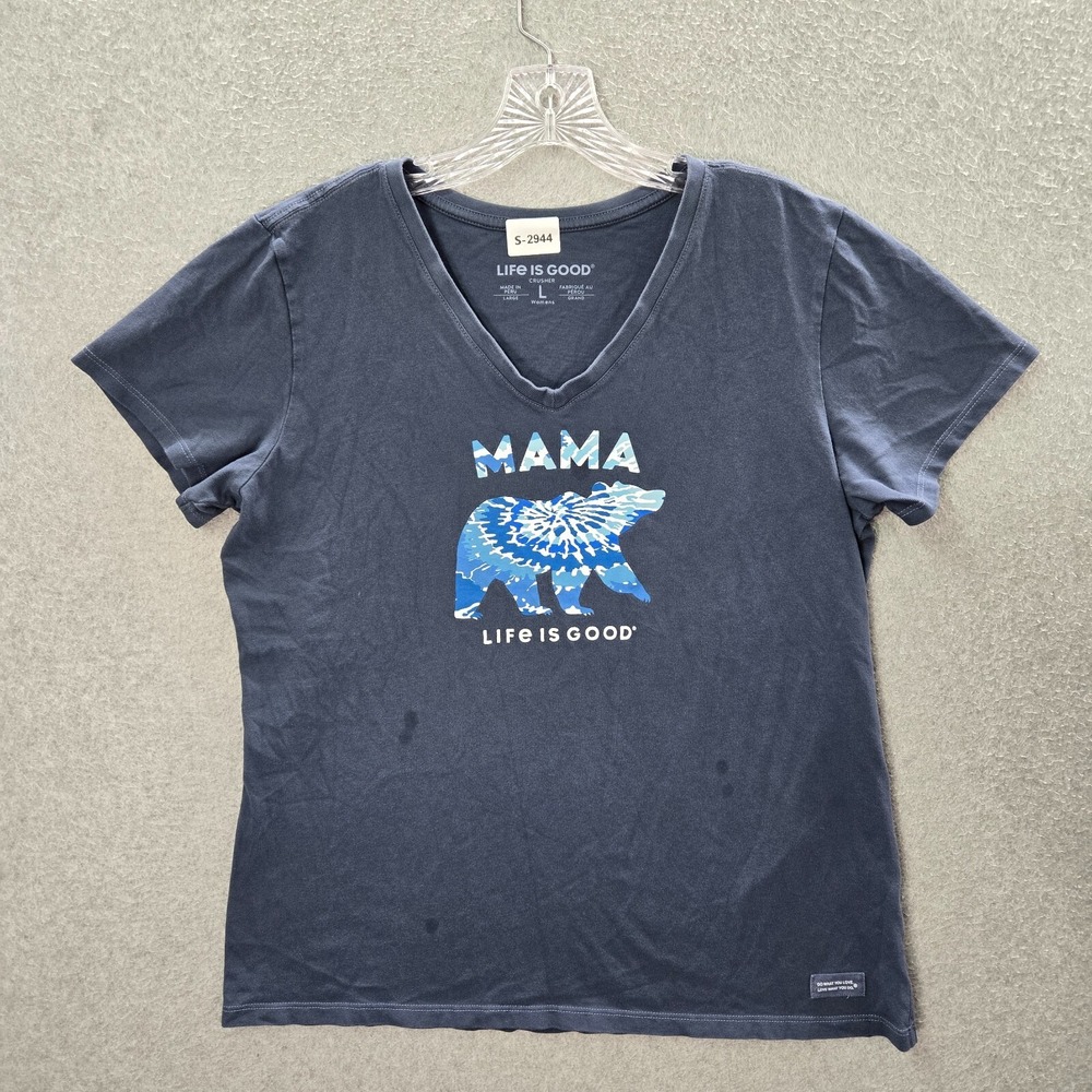 Life Is Good Women Top Large Blue Shirt Mama Bear Logo Graphic Crusher Tee READ